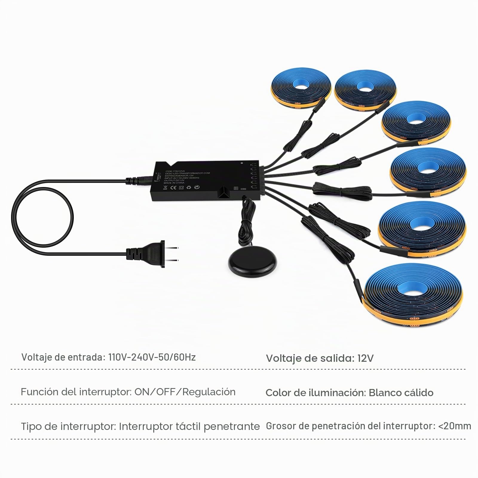 Tira LED COB,6 rodillos de iluminación para muebles con regulador táctil y detección de barrido de mano,tira LED COB cortable de 12V para vitrinas,bodegas,cocinas y estantes (2M,Blanco Cálido)