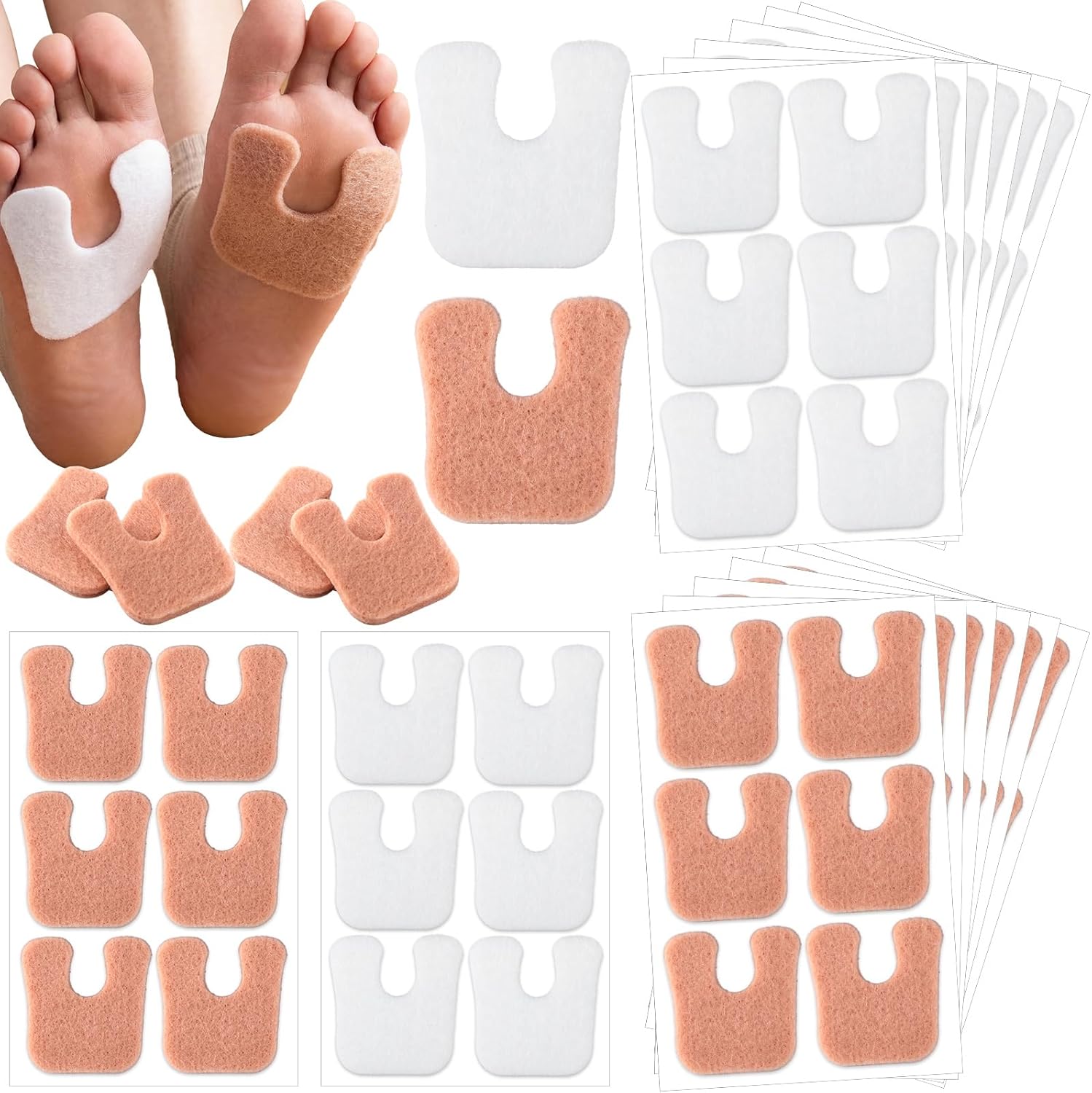 Newcotte 120 Pcs U-Shaped Callus Cushions Felt Foot Callus Pads Feet Remover Pads Soft Pain Relief Foot Cushion for Men and Women Beige and White