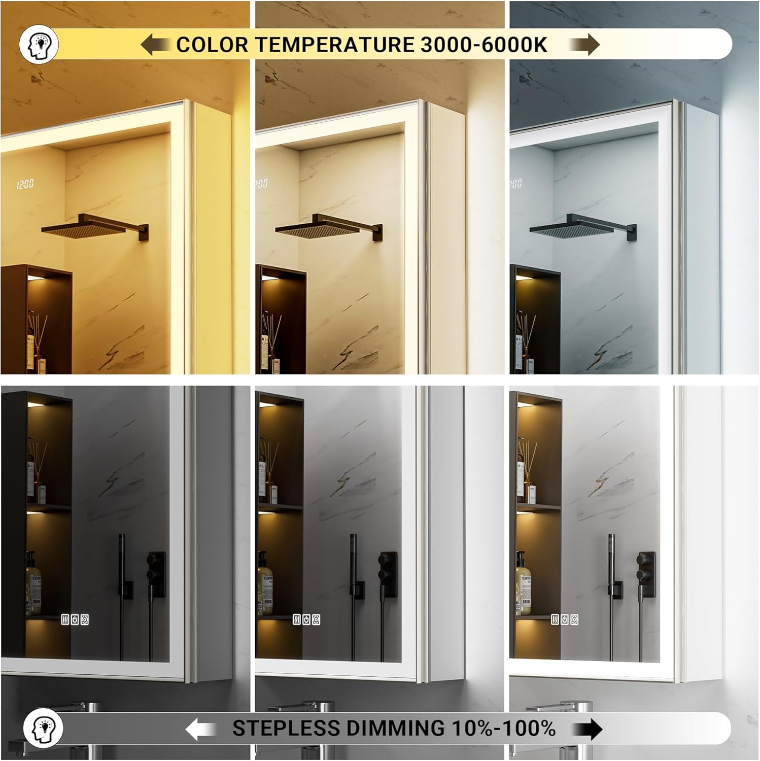 30x32 Lighted Medicine Cabinet with Mirror, Beveled Brushed Nickel Framed Surface or Recessed Fogless Dimmable LED Medicine Cabinet with Lights, Outlet, Time Display and Sensor Inner Light