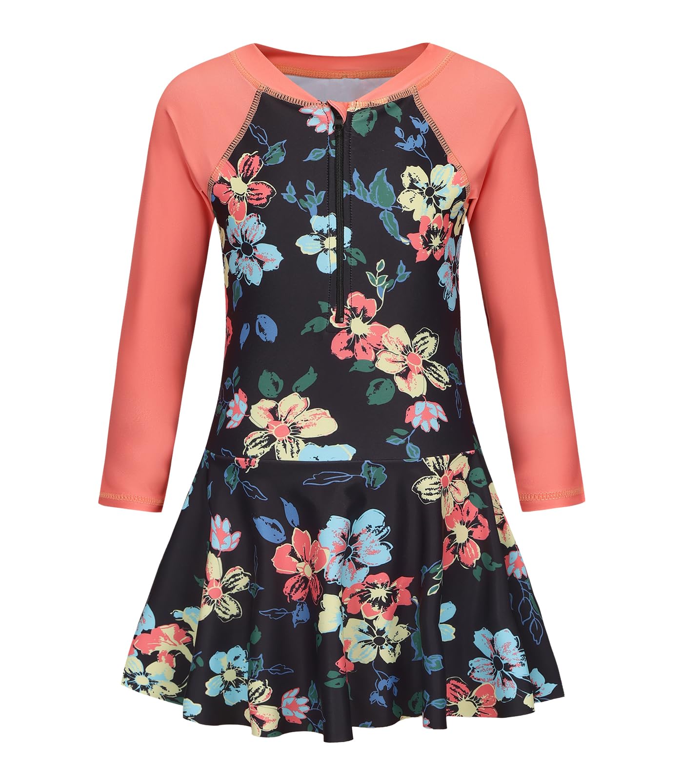Aisyee Big Girls One Piece Swimsuits Swim Dress for Girls Long Sleeve Rash Guard Bathing Suits Hawaiian Skirt Swimwear Black Floral Rose Red Size 16/14-16 Years