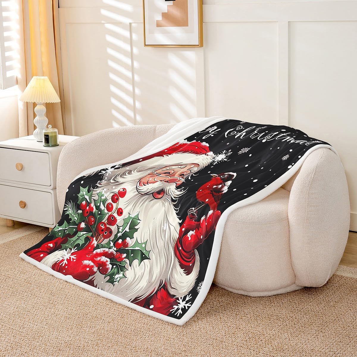 Santa Claus Printed Bed Blanket Kids Girls Beautiful Snowflakes Sherpa Blanket Soft Lightweight Happy New Year Plush Fleece Blanket Gifts for Couch Bed Chair Office Sofa(Throw 50"x60")