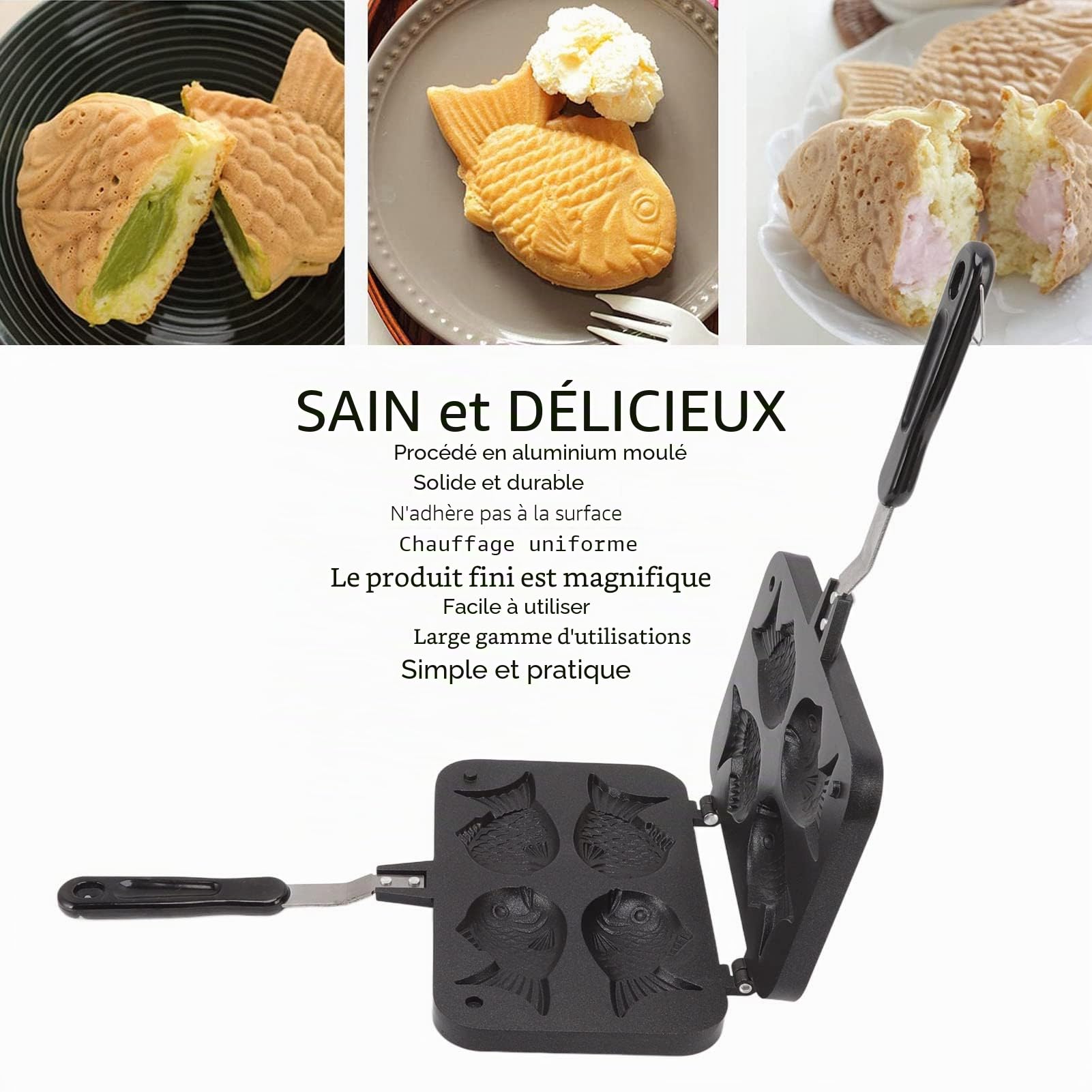 Focket Moule à gâteaux en forme de poisson, moule à gaufres antiadhésif à 4 plateaux avec poignée anti échauffement, moule à crêpes en forme de poisson pour la boulangerie, le bricolage, les fêtes