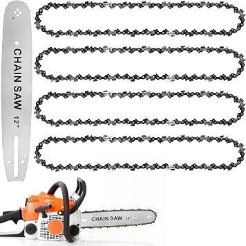4Pcs 12Inch Chainsaw Chains with 12 Inch Chainsaw Guide Bar, Mini Replacement Chain Saw Chain, Low-Kickback Chains- 3/8