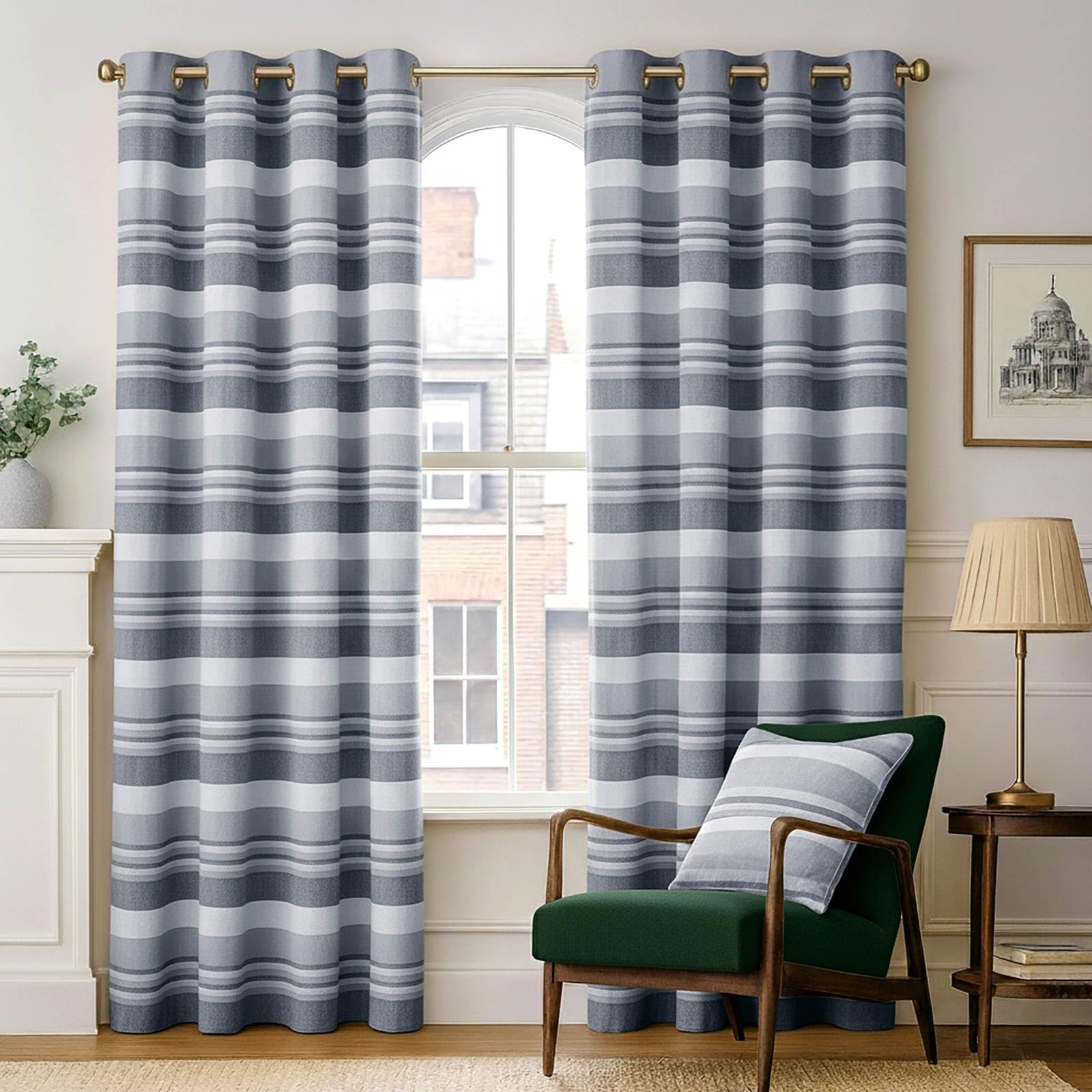 HOMESCAPES Grey Black White Eyelet Curtain Pair 137cm (54") Wide x 137cm (54") Drop Morocco Stripe Design Ring Top Curtain Pair
