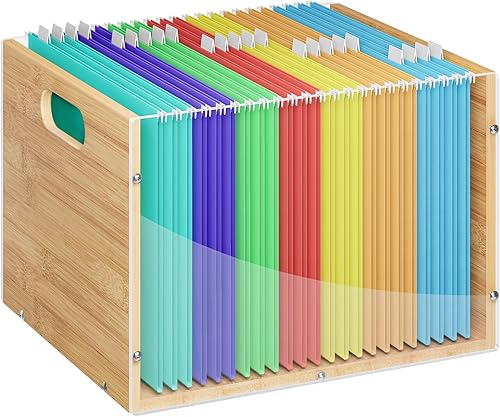 Organizador de caja de archivos de acrílico transparente, cajas de almacenamiento de carpetas colgantes de bambú, soporte de cajón de archivo con