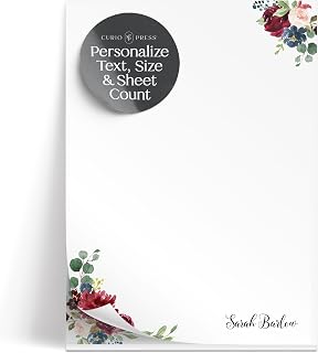 Curio Press Personalized Stationery Notepads for Women Burgundy Florals Pad | 50 or 100 Sheets, Script Font Maroon Floral Custom Name Notepad, Line or Unlined, Memo Pads, To Do List, Gift Idea