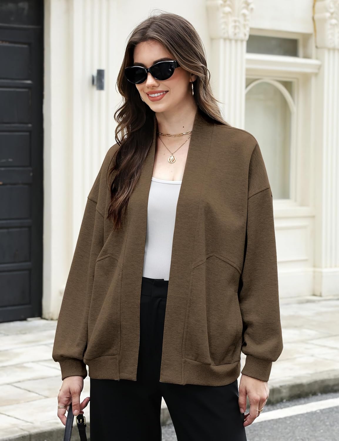 Wyeysyt Womens Sweatshirt Cardigan Lightweight Oversized Drop Shoulder Open Front Casual Cardigan - Image 2