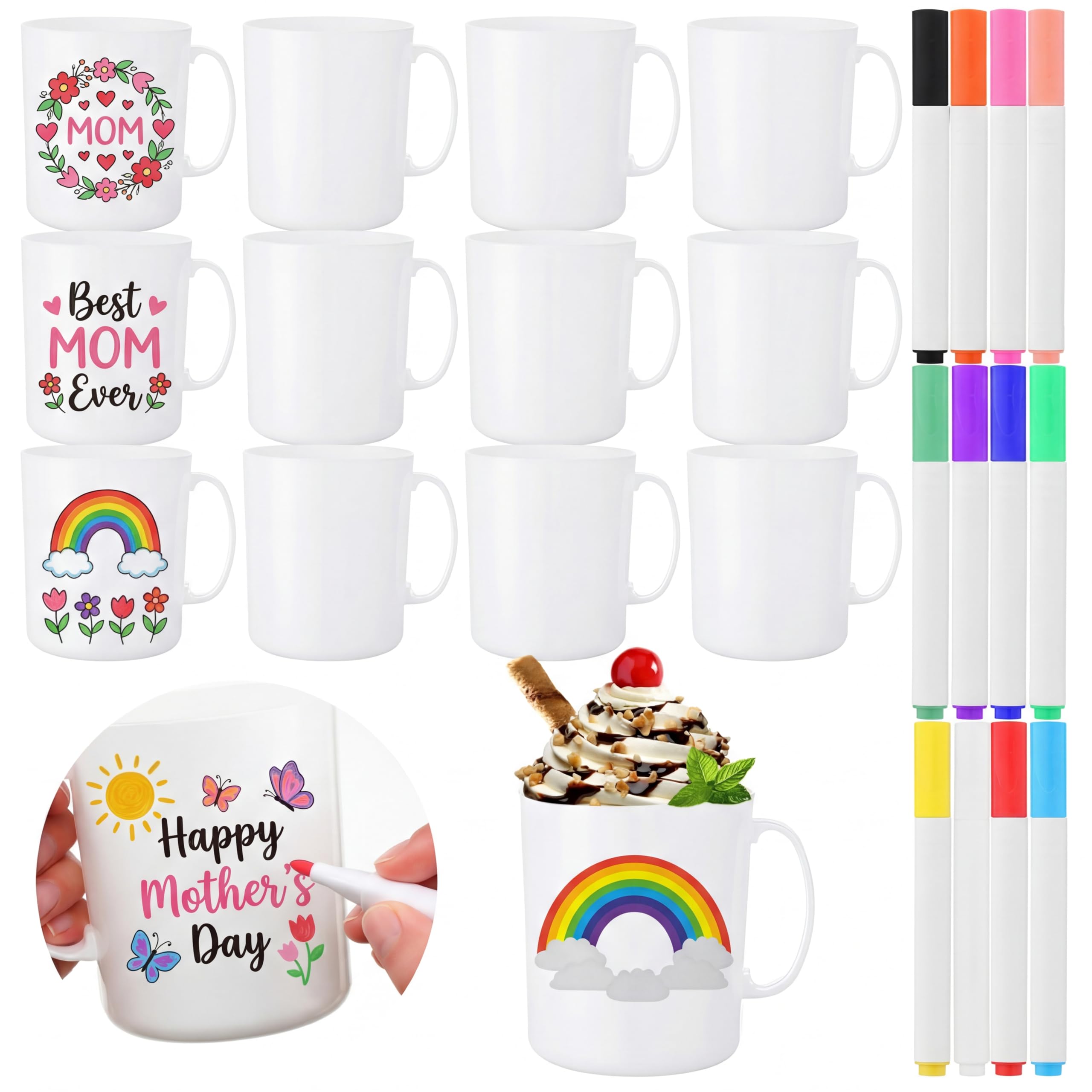 SiliFine 12 Pcs 12 Pcs DIY Crafts Design Your Own Mug Painted Mug Kit Personalized Painting Coffee with Handle 12 oz DIY Plastic Decorating Crafts for