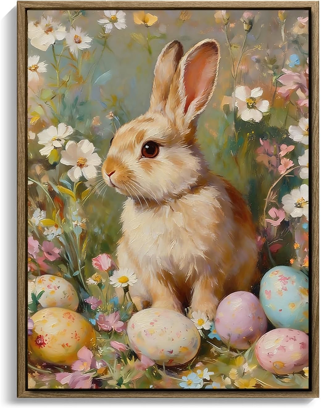 Framed Vintage Easter Canvas Wall Art, Ship Next Day Cute Easter Bunny Painting Prints, Spring Holiday Theme Canvas Prints for Bathroom, Living Room, Bedroom, Kids Room, Floating Framed 20 * 24in