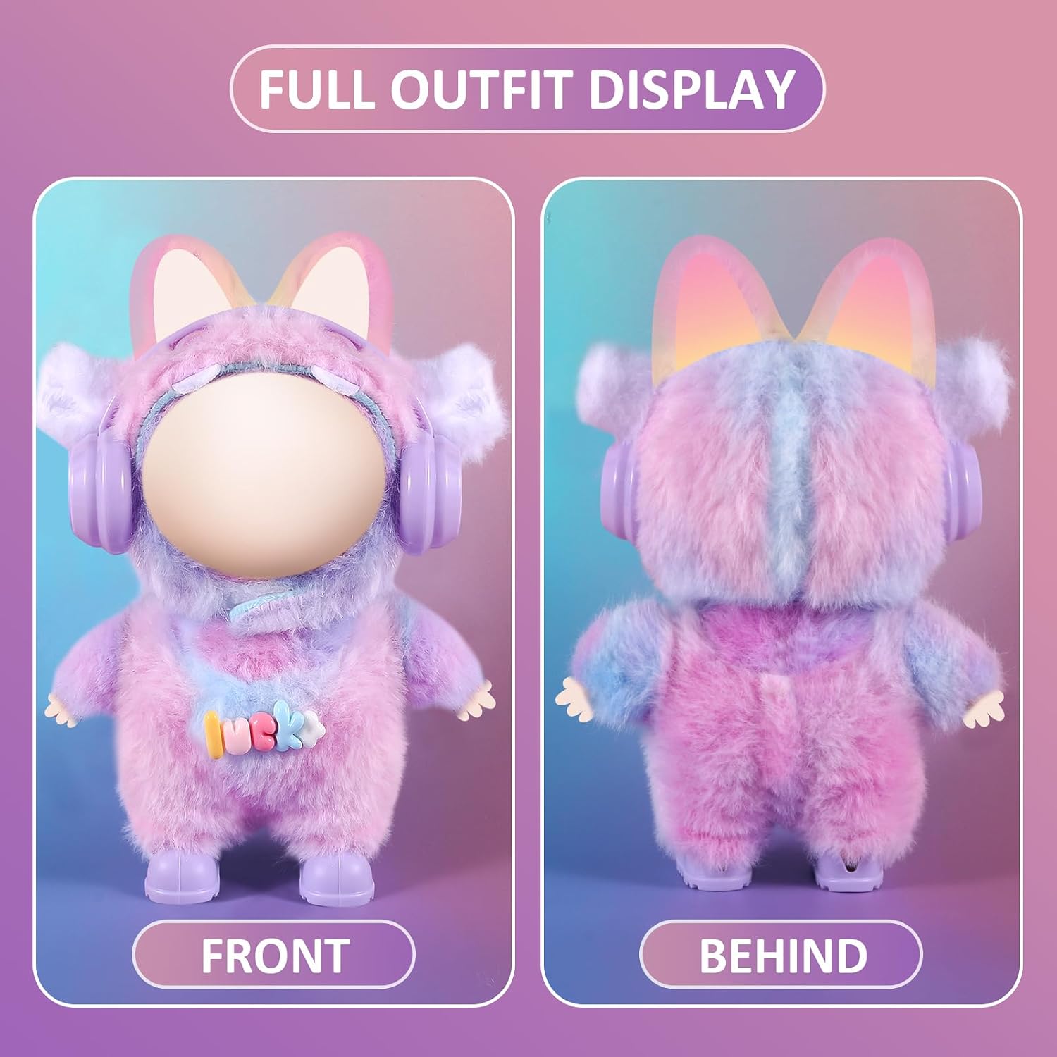 17cm Doll Clothes Set for Labubu Dress Up,Cute Outfit ,4 Piece Hat Overalls Headphones Shoes Dolls Clothing Accessories(NO Doll) (Purple) image 4
