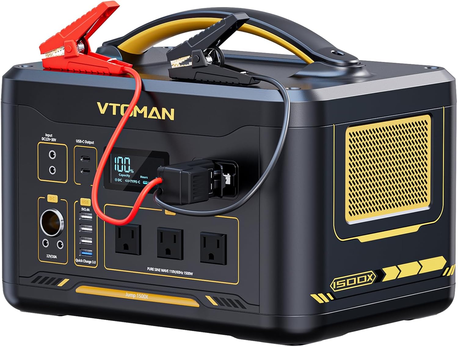 VTOMAN Jump 1500X Portable Power Station with Jumper Cables, 828Wh LiFePO4 Battery Solar Generator with Jump Start for Car, 1500W AC Outlets, 100W PD Type-C&Regulated DC for Home Backup RV Van Camping