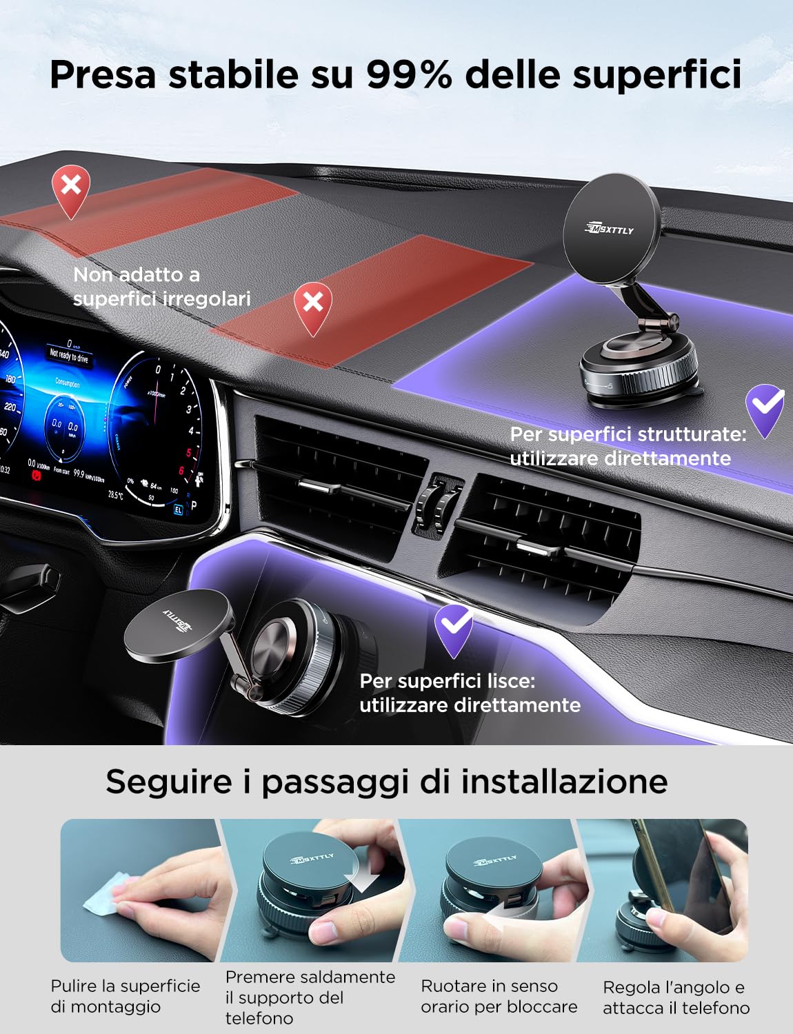 MSXTTLY Supporto Telefono Auto, Vmag-S2 2026 Supporto Magnetico a Vuoto, Forte Aspirazione, Rotazione 360°, Compatibile con iPhone 17-12 Pro MAX e Android Nero