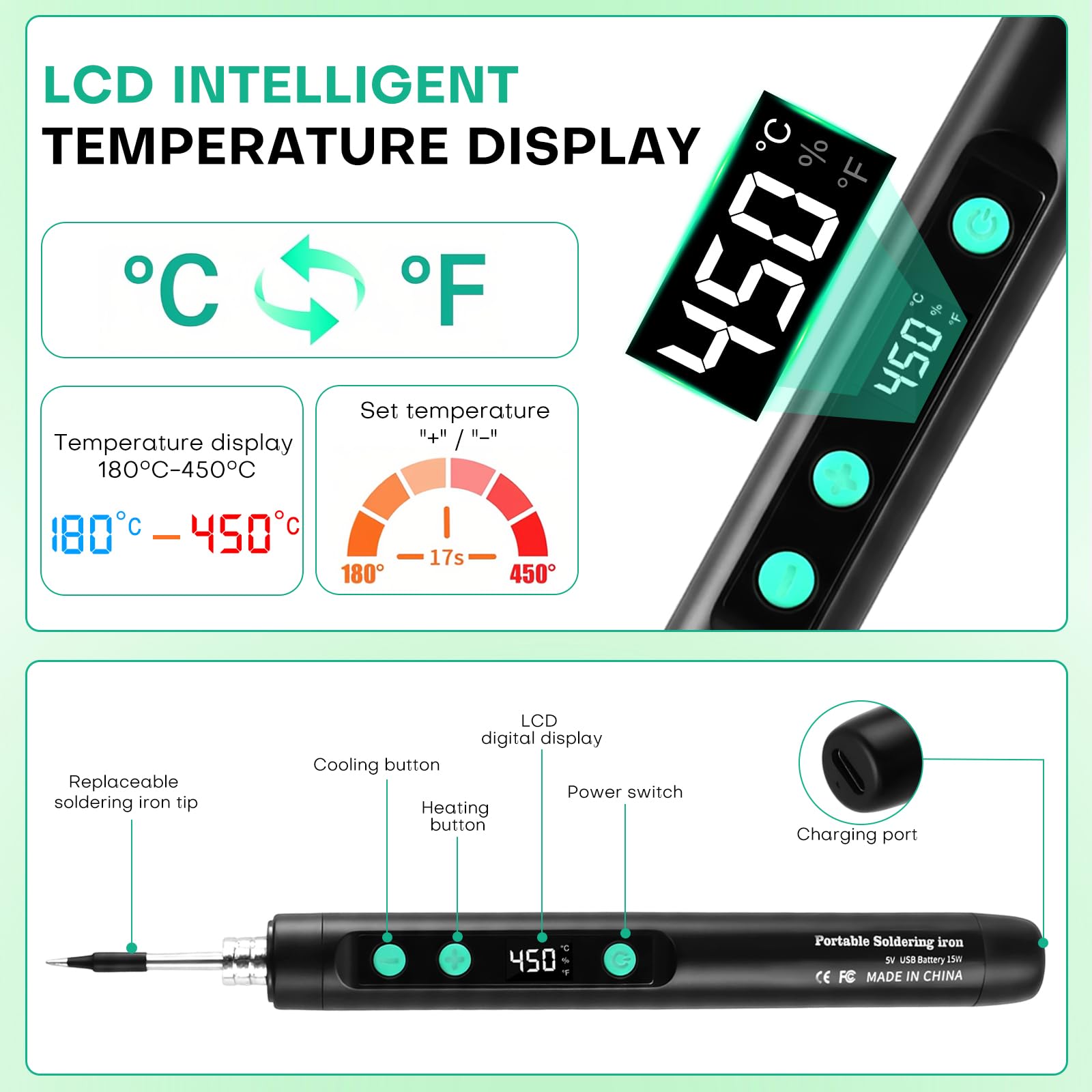 Soldador Estaño Inalámbrico, Kit de Soldador Recargable USB con LCD, Temperatura Ajustable 180℃-450℃, 3 Puntas de Soldadura, Alambre y Pasta de Soldadura para Reparación y Bricolaje