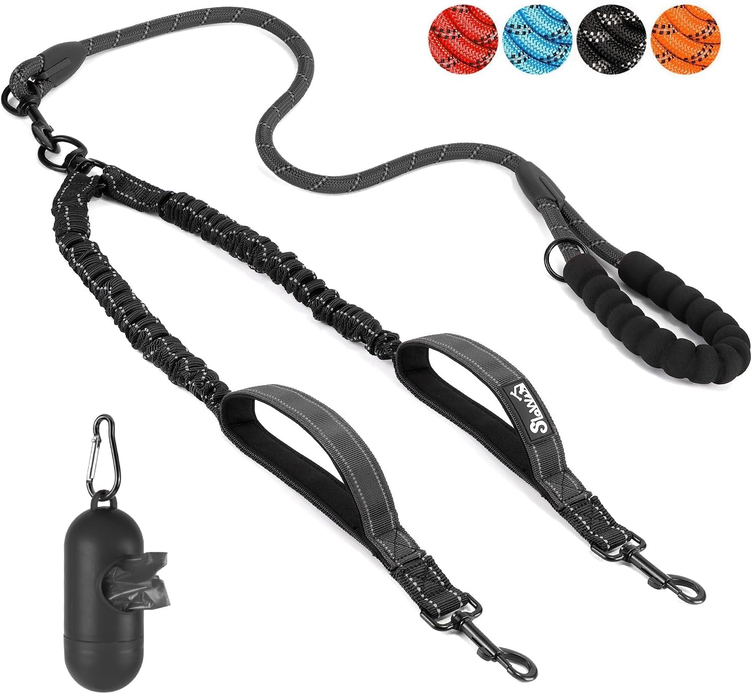 Eyein Double Dog Lead No Tangle – 360° Swivel Heavy Duty Reflective Leash with Two Padded Handles Dual Dog Splitter, Comfortable Shock Absorbing Walking Training for 2 Small Medium Dogs (3-16kg)
