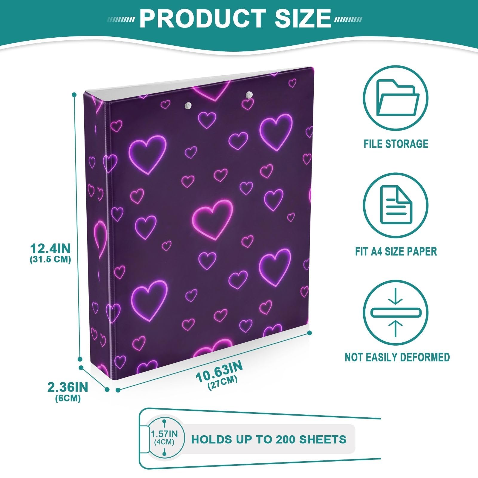 Neon Hearts Purple 3 Ring Binder Flexible D Ring Binder with Pockets 3 Ring Binder for School, College, Office (2 Pack)
