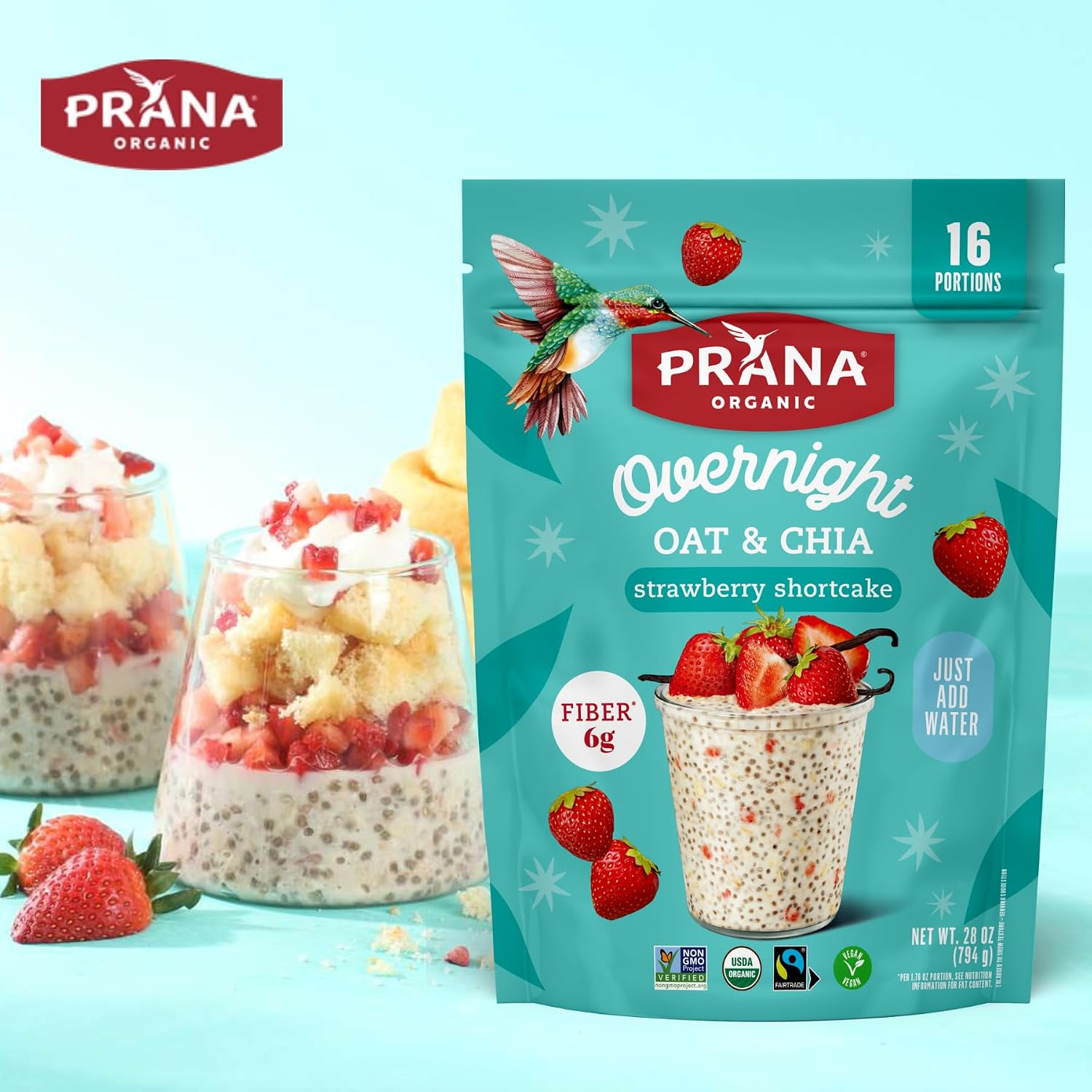 Prana Organic Overnight Chia with Oats Strawberry Shortcake | 28 oz Bags - 2 Pack | Rich in Fiber & Protein, Vegan, Non-GMO | Ready to Eat Breakfast