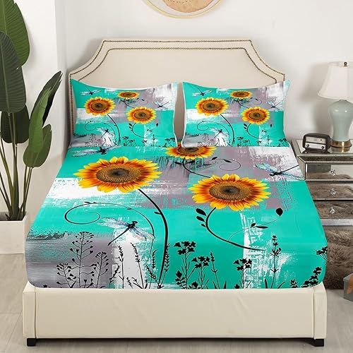 Miniatura 2 de Erosebridal Juego de ropa de cama de tamaño individual, diseño vintage de girasol amarillo, libélula rústica, botánica, turquesa, gris y blanco,