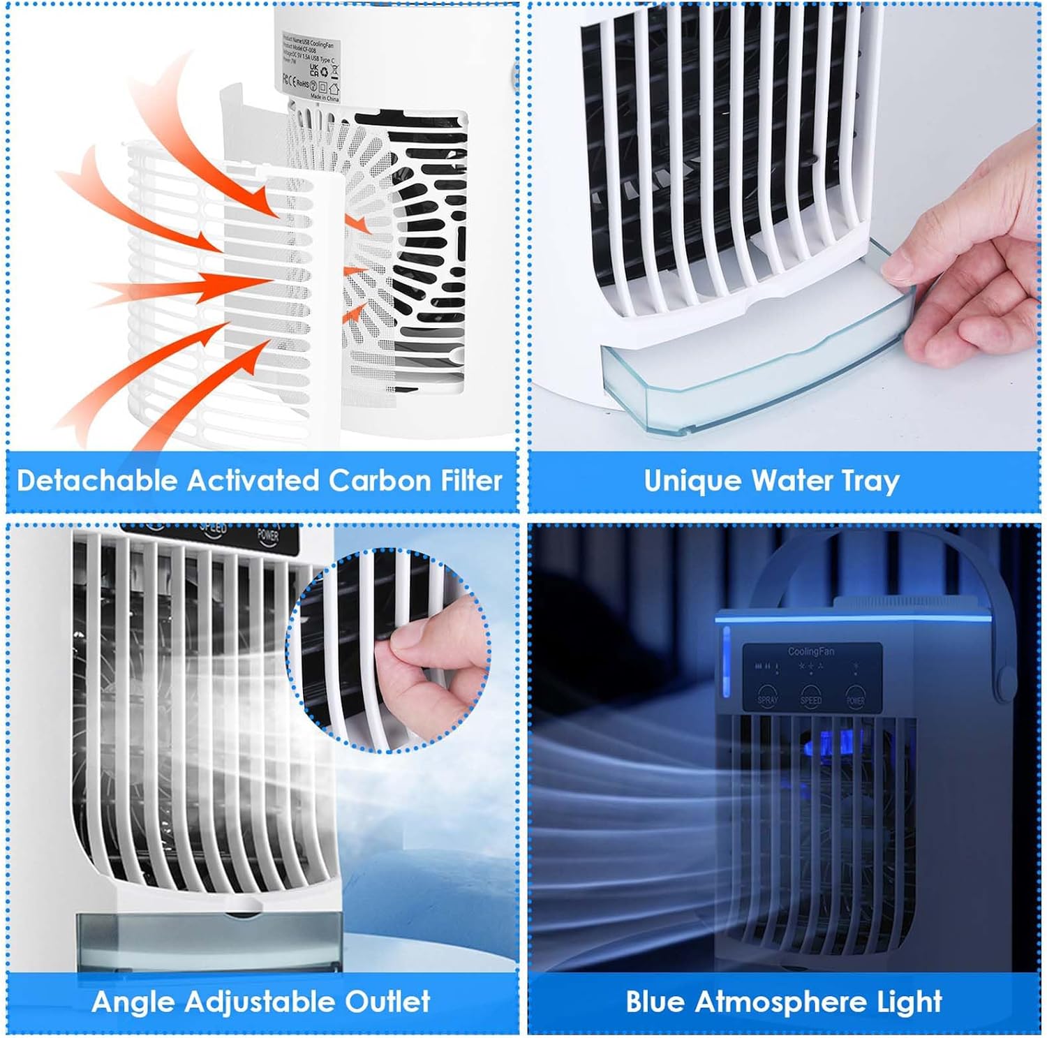 Portable Air Conditioners, 3 Wind Speeds Personal Cooling Fan with Night Light, 4 in 1 Air Cooler Mini Air Conditioner Portable for Home Office Room Car Camping