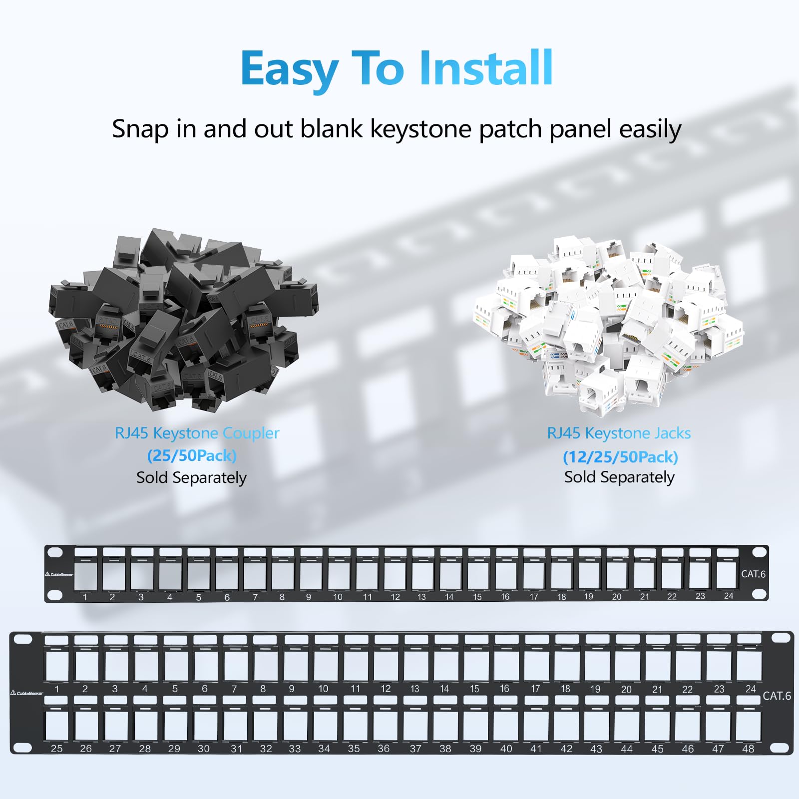 CableGeeker Panel de conexión Keystone en blanco de 24 puertos con diseño a presión, panel de conexión de red Cat6 1U de 19 pulgadas, panel de conexión Ethernet para montaje en rack o pared con
