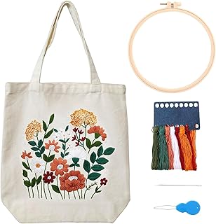 Khazna Canvas Tote Embroidery Kit with Floral Patterns for Beginners, Art & DIY Craft Kit, Includes Bag, Hoop, Colored Thread, Instructions (Beige)