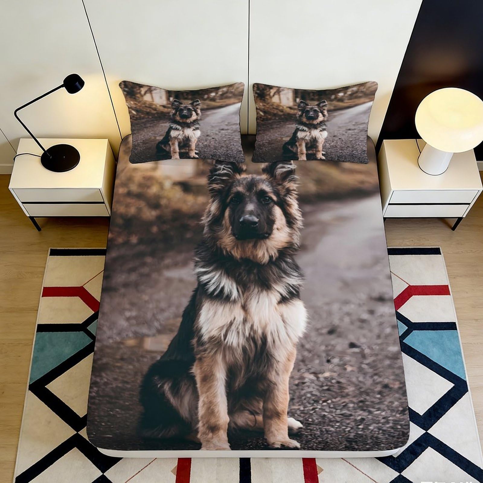 3D Printed German Shepherd Fitted Sheet Microfiber Soft Breathable Forest Path Mattress Cover Bedroom Decor 200x200x25cm