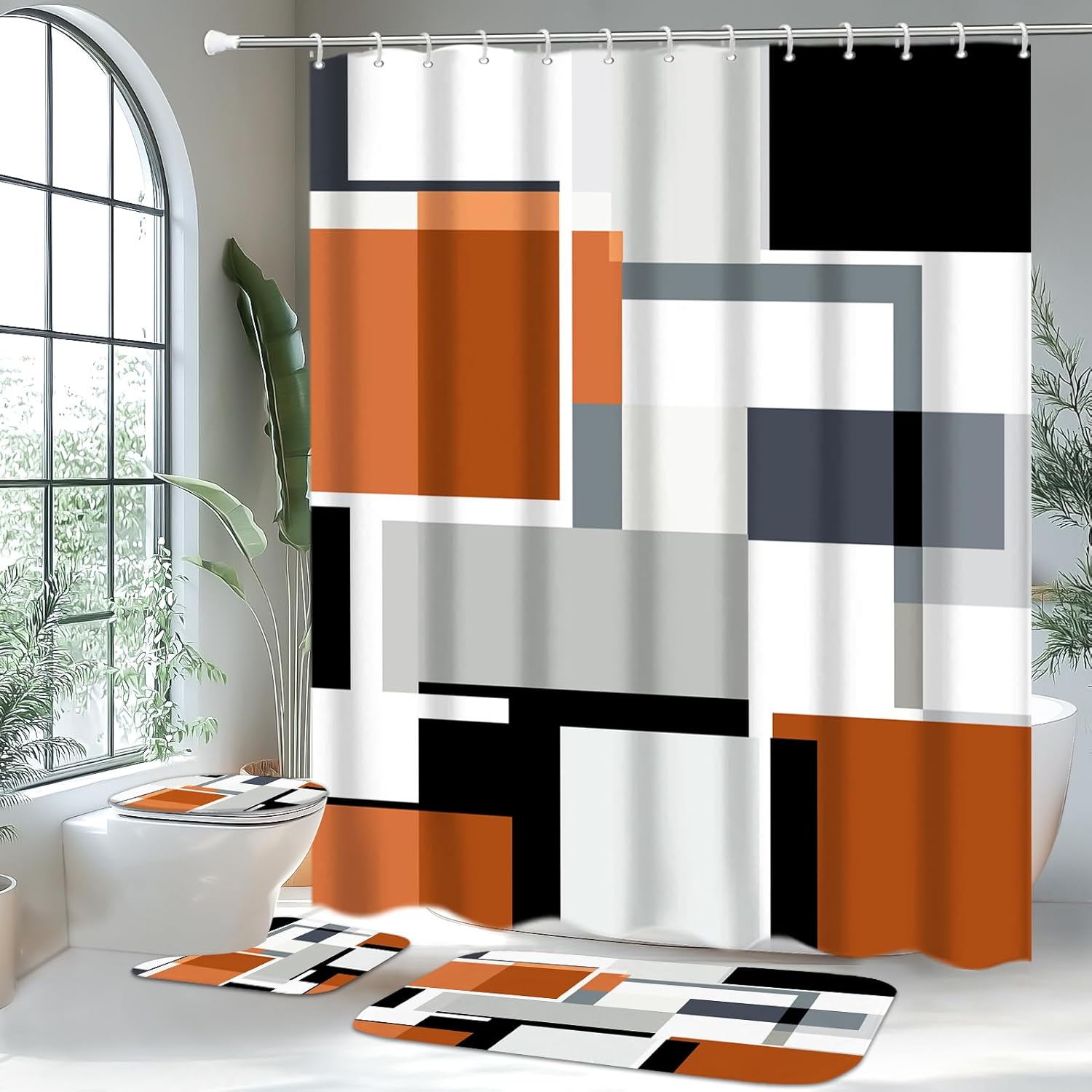 4 Pcs Burnt Orange Geometric Bathroom Sets with Shower Curtain Set and Non-Slip Rugs for Bathroom, Burnt Orange Black White Checkered Modern Bathroom Shower Curtain Sets with Rugs and Accessories