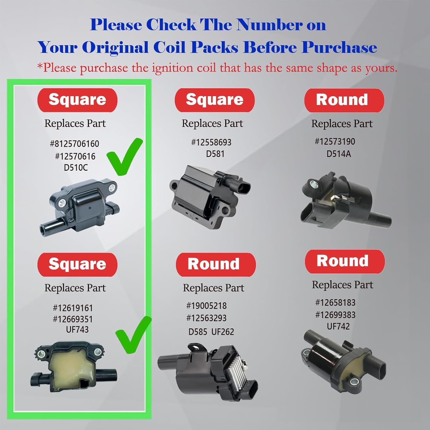 A-Premium Ignition Coil Pack Set of 8 (Square Coil) Compatible with Chevrolet Silverado GMC Sierra 1500 2014-2019 Yukon 2015-2018 V8 5.3L 6.2L