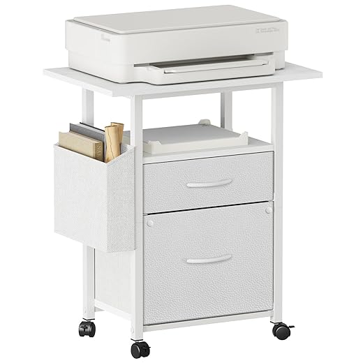 GYIIYUO 2 Fabric Drawer File Cabinet with 24'' Extended Desktop, Mobile Filing Cabinet, Rolling File Cabinet with Side Bag, Fits A4 Size, Home Office, White