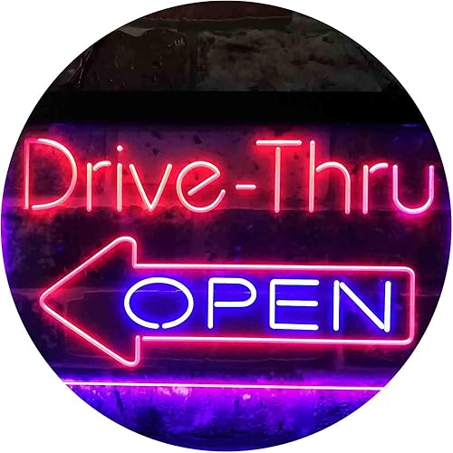 Drive Thru Open Flecha Izquierda Señal de neón LED de doble color, azul y rojo, 16 x 12 pulgadas st6s43-i3827-br