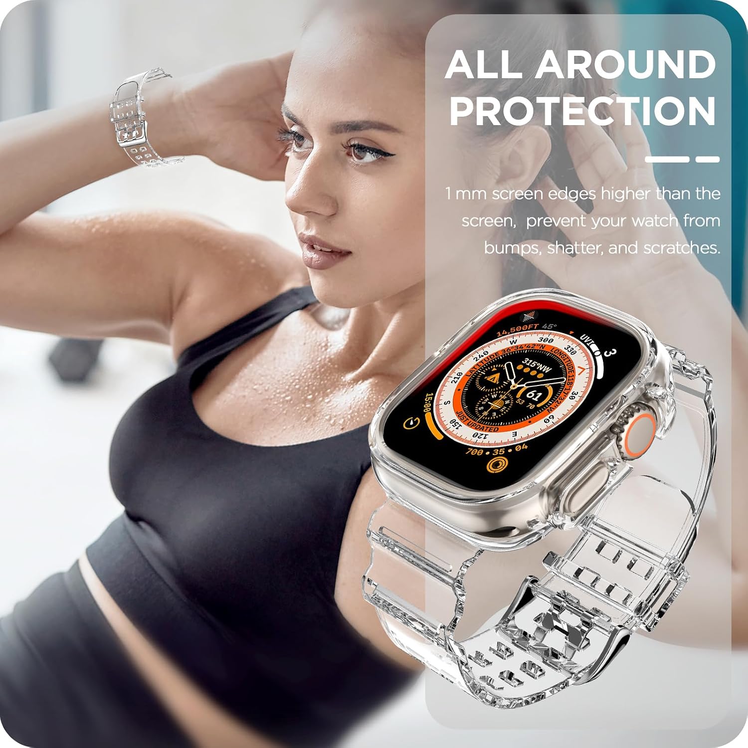 DABAOZA Compatible for Clear Apple Watch Band with Bumper Case 49mm 46mm 45mm 44mm 42mm 41mm 40mm 38mm, Women Men Glitter Bling TPU Sport Strap for iWatch SE Ultra 3 2 Series 11 10 9 8 7 6 5 4 3 2 1