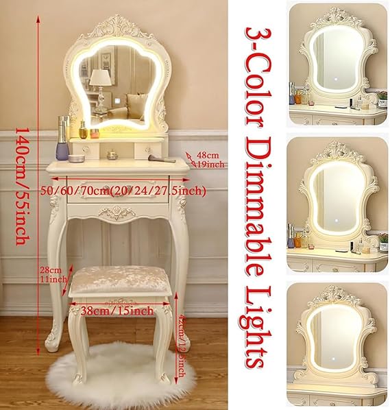 Vanities & Vanity Benches, Vintage Vanity Makeup Table with 3-Color LED Arched Mirror, Vanity Table Set with 3 Drawers And Comfortable Bench,50cm