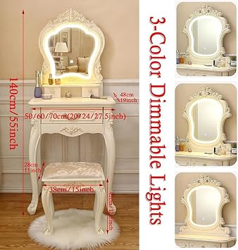 Vanities & Vanity Benches, Vintage Vanity Makeup Table with 3-Color LED Arched Mirror, Vanity Table Set with 3 Drawers And Comfortable Bench,50cm