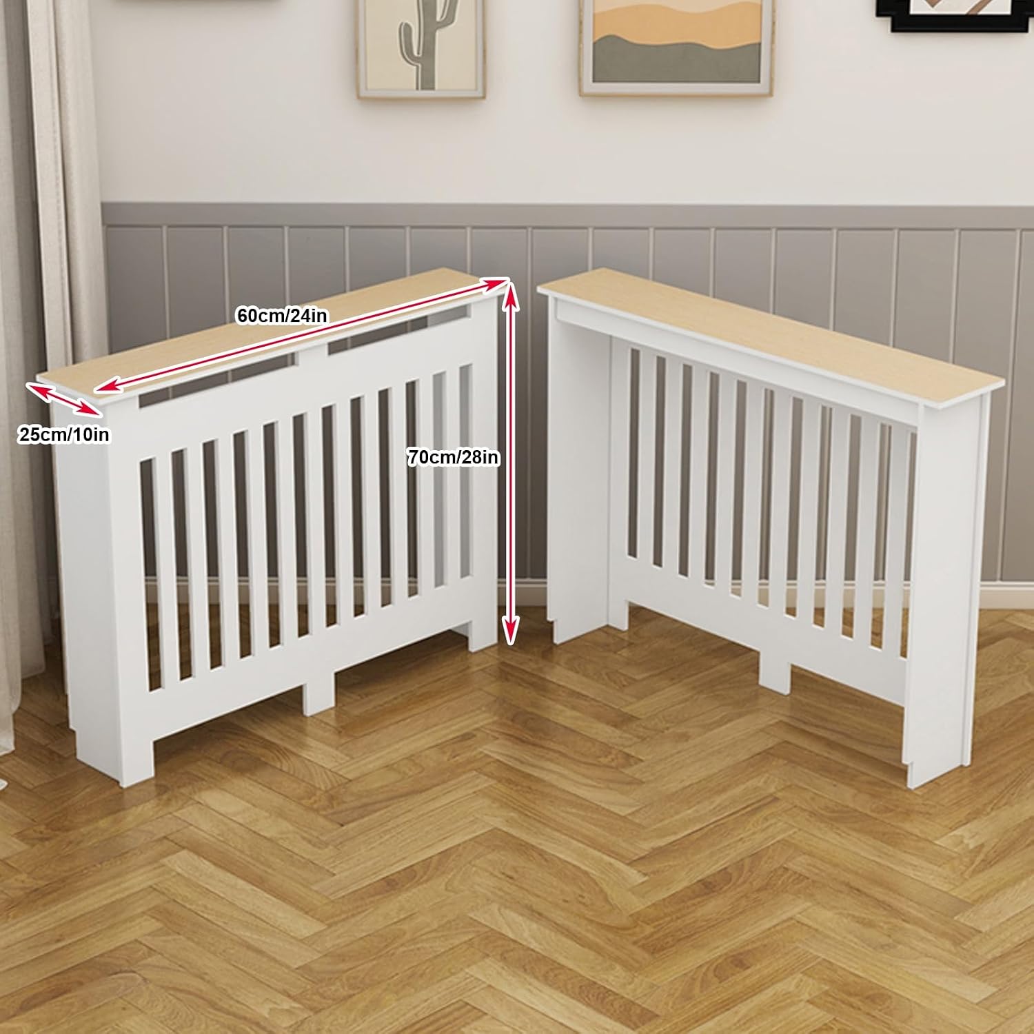 White Modern Radiator Cover Cabinet with Shelf, MDF Radiator Cap, Living Room Furniture Decorative for Small Spaces, Vertical Slatted Grill Cabinet Shelf(60x70x25cm/24x28x10in)