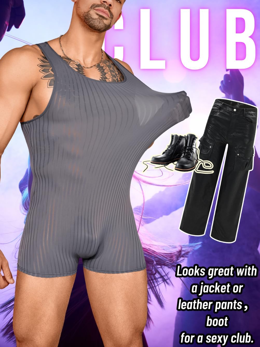 Men's Sexy Shapewear, Ribbed Sheer Mesh Lingerie Bodysuit, Sissy Clothes Gay Club, Tank Top Muscle Suit Rave Outfits - Image 4