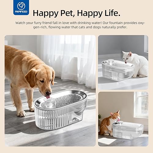 Miniatura 6 de PAPIFEED Fuente de agua para gatos + bandeja de acero inoxidable (elemento de filtro individual blanco, no tapete)