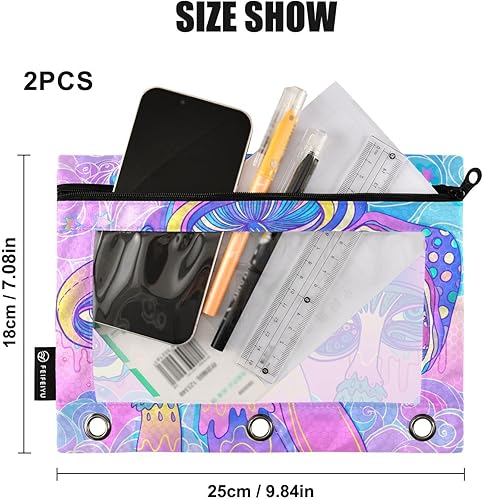 Miniatura 3 de Magic Mushrooms - Estuche para lápices de 3 anillas, bolsillos para lápices, estuche de cosméticos con cremallera y ventana transparente para