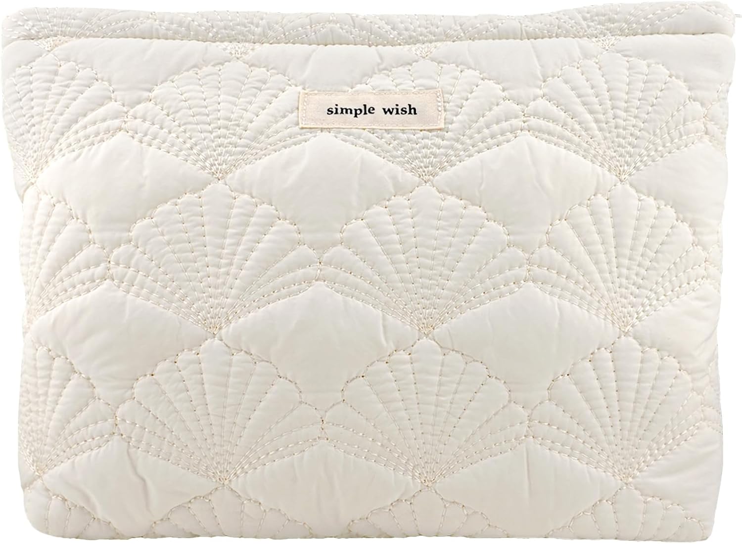 White Makeup Bag Small Nylon Cotton Quilted Cosmetic Makeup Bag Organizer, Aesthetic Floral Waterproof Portable Pouch Purse Toiletry Bag for Women Girls Travel accessories (White shell-L)