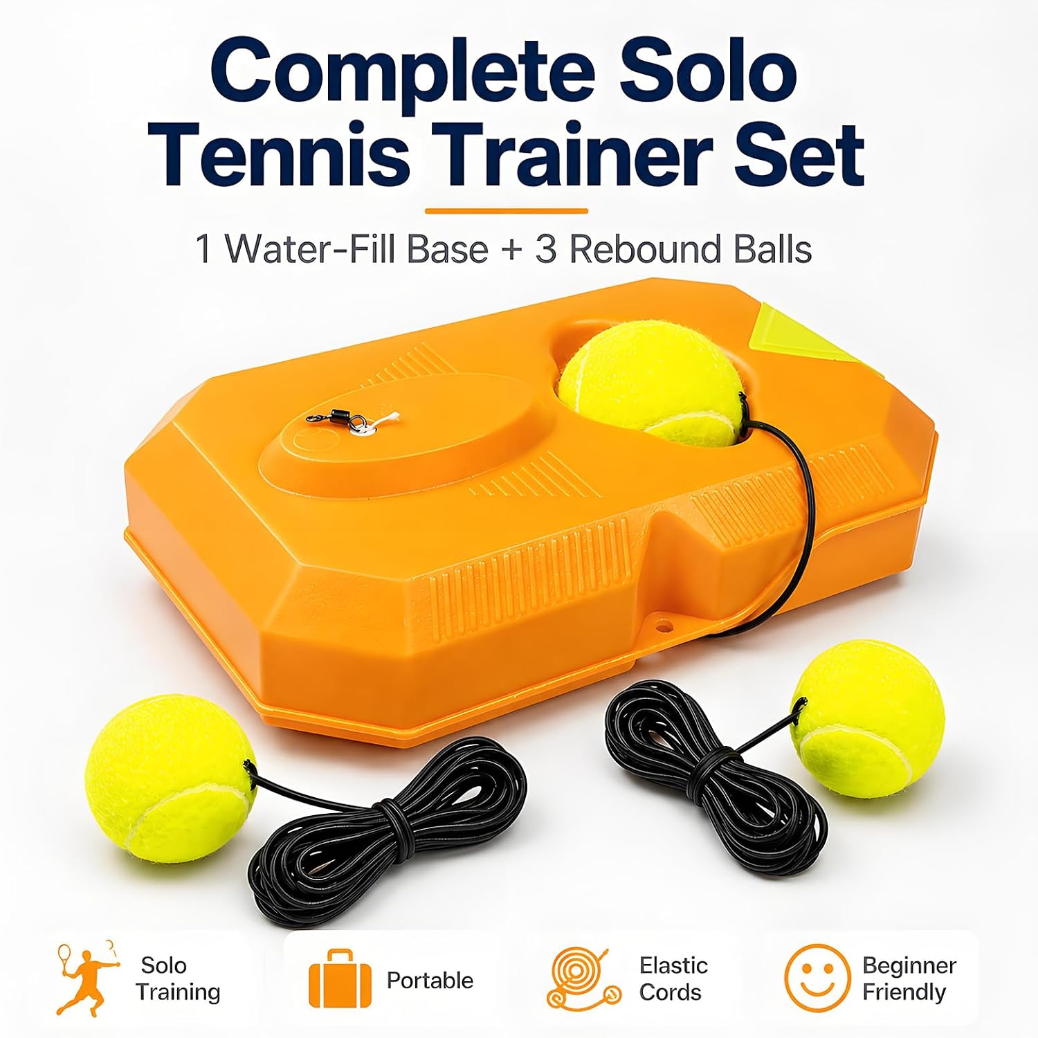 Tennis Rebound Trainer Set, Portable Solo Practice Tool with Heavy Duty Power Base, 3 String Balls, Filling Water Required, Indoor/Outdoor Tennis Training Equipment for Beginners&Advanced Players(ORG)
