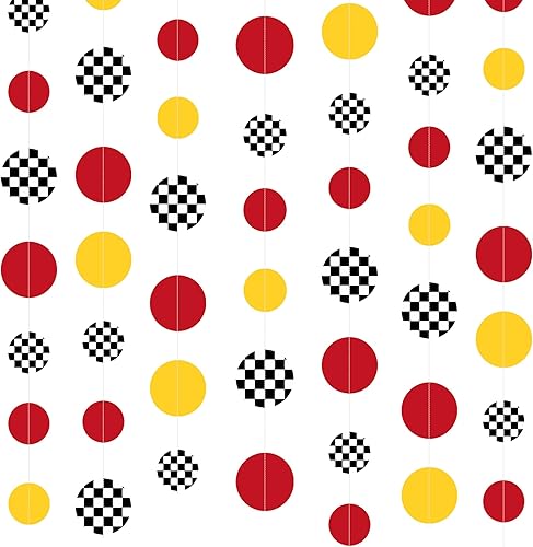 Miniatura 3 de Decoraciones de fiesta de coche de carreras, lunares circulares amarillos y rojos con estampado a cuadros, guirnalda de lunares para niños, hombres,