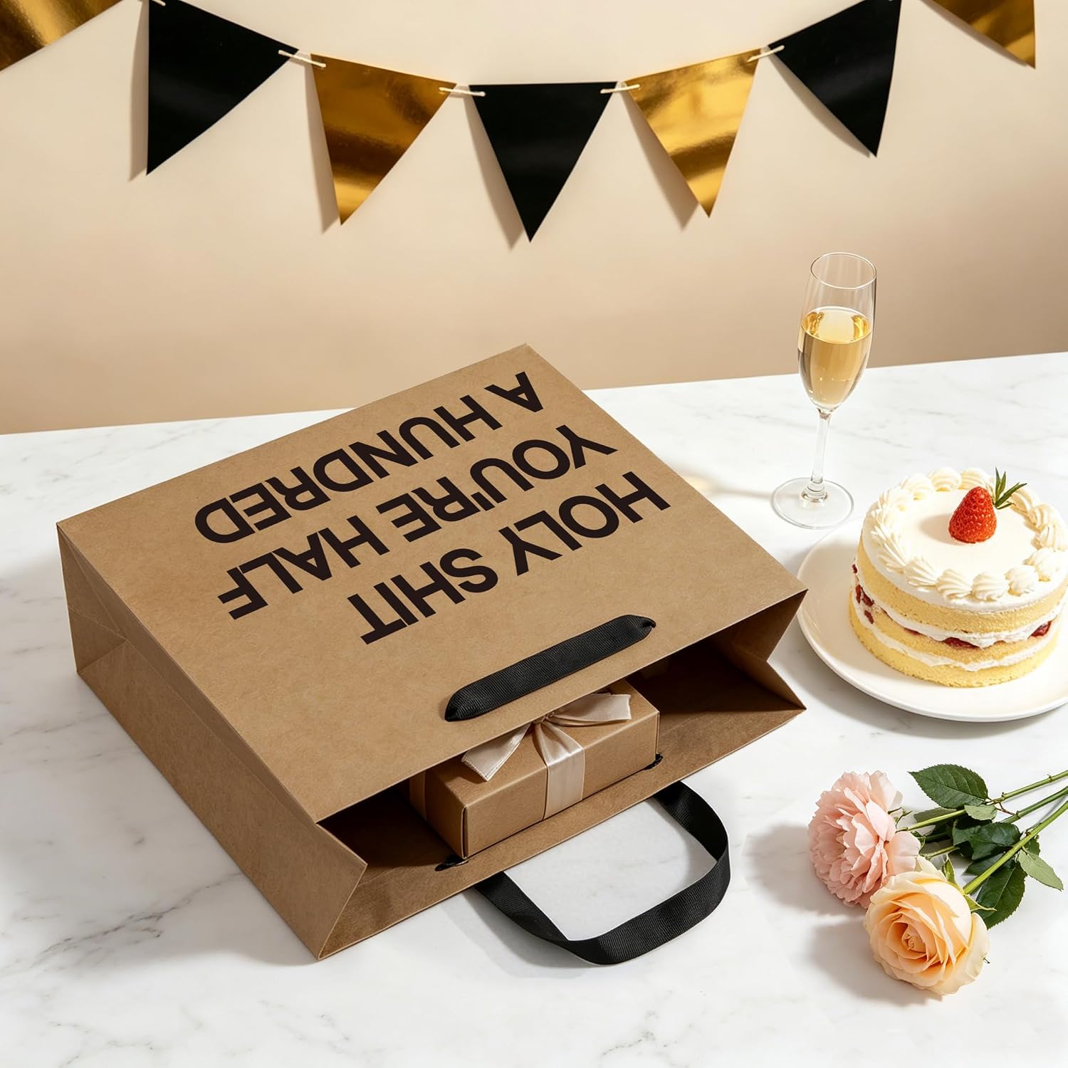 WRAPAHOLIC 13" Large Kraft Funny 50th Birthday Gift Bag - Holy Shit You're Half A Hundred Design Wacky Paper Bags for Men & Women, Great for Friends Birthday Gifting image 4