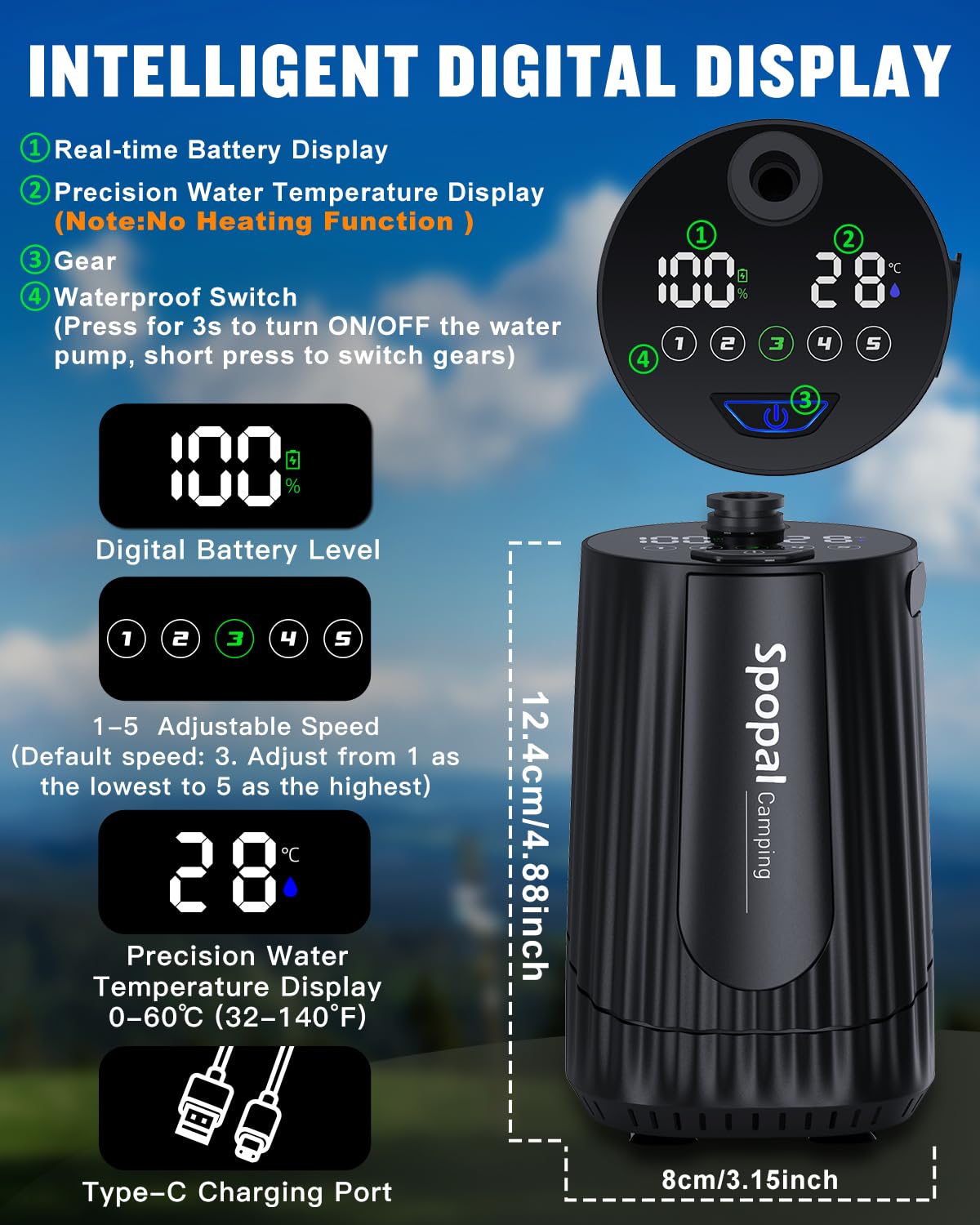 Spopal Przenośny prysznic kempingowy [10000mAh], IPX8 ładowalna pompa prysznicowa z 20L solidny zbiornik na wodę, wyświetlaczem LED temperatury wody i poziomu naładowania do podróży, samochodu, plażę
