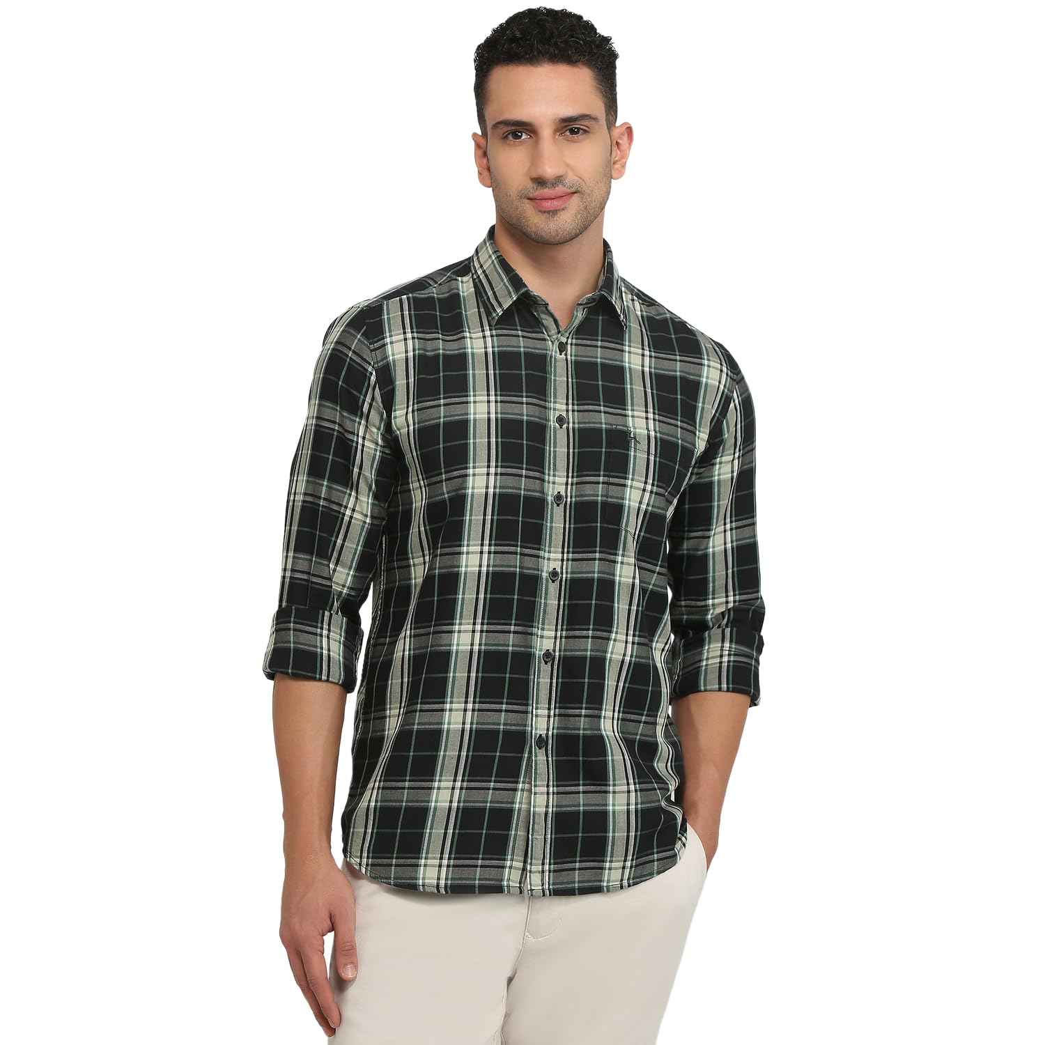 Men Slim Fit Checks Pattern Pure Cotton Semi Cutaway Collar Full Sleeve Casual Shirt-image-49