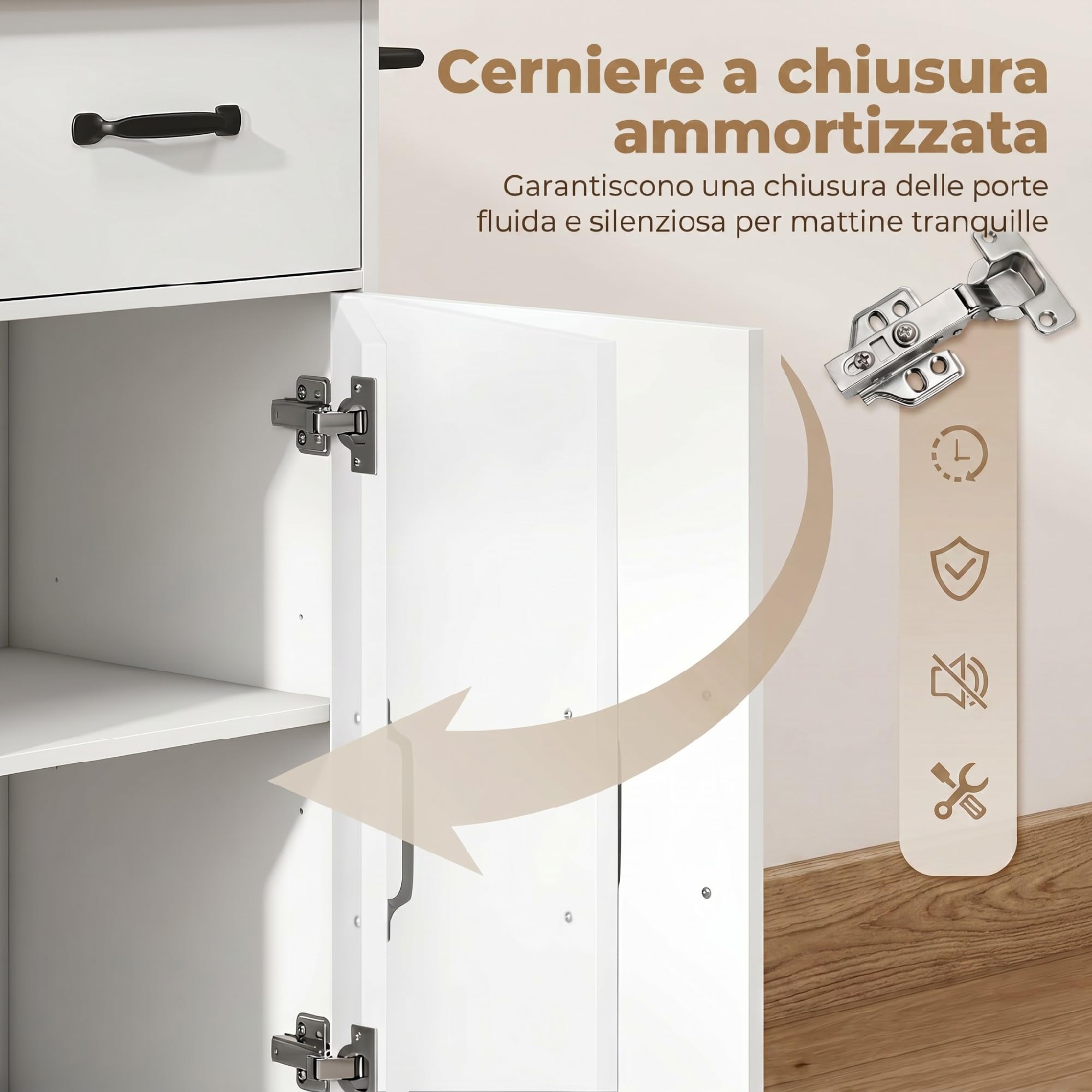 HOMCOM Carrello Cucina con 5 Ruote, Isola Cucina con Ante Soft-Close, Cassetto, Portasciugamani, 3 Portaspezie, 3 Scaffali Aperti e Ripiano Regolabile, Multiuso Salvaspazio, 96.5x38x87 cm, Bianco