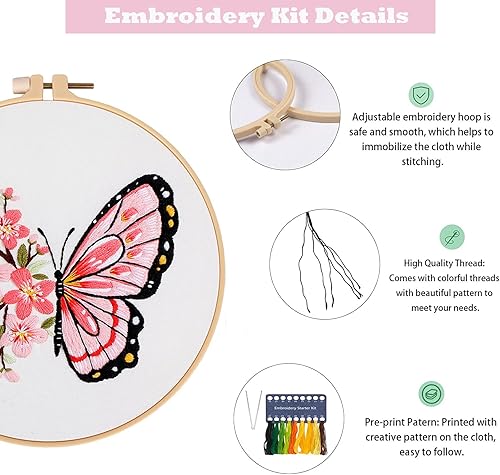 Miniatura 3 de GLTAYLMY Kit de bordado con patrón de mariposa para adultos principiantes, kits de punto de cruz con 1 aro de bordado de plástico, agujas e hilos de