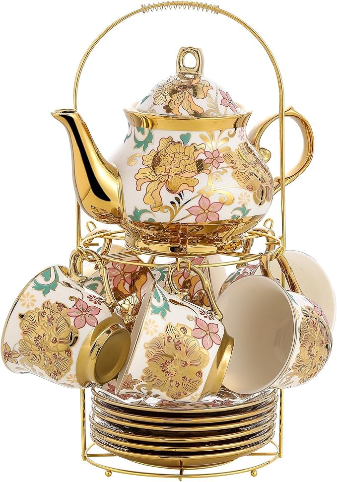 Image of DEEDECORWAVE Premium Ceramic Tea Set of 13 PCS Teapot (800ML) with 6 Cups (180ML Each), 6 Saucers & Holder Stand Elegant Gift for Tea Lovers Ideal for Home, Office & Parties (White)