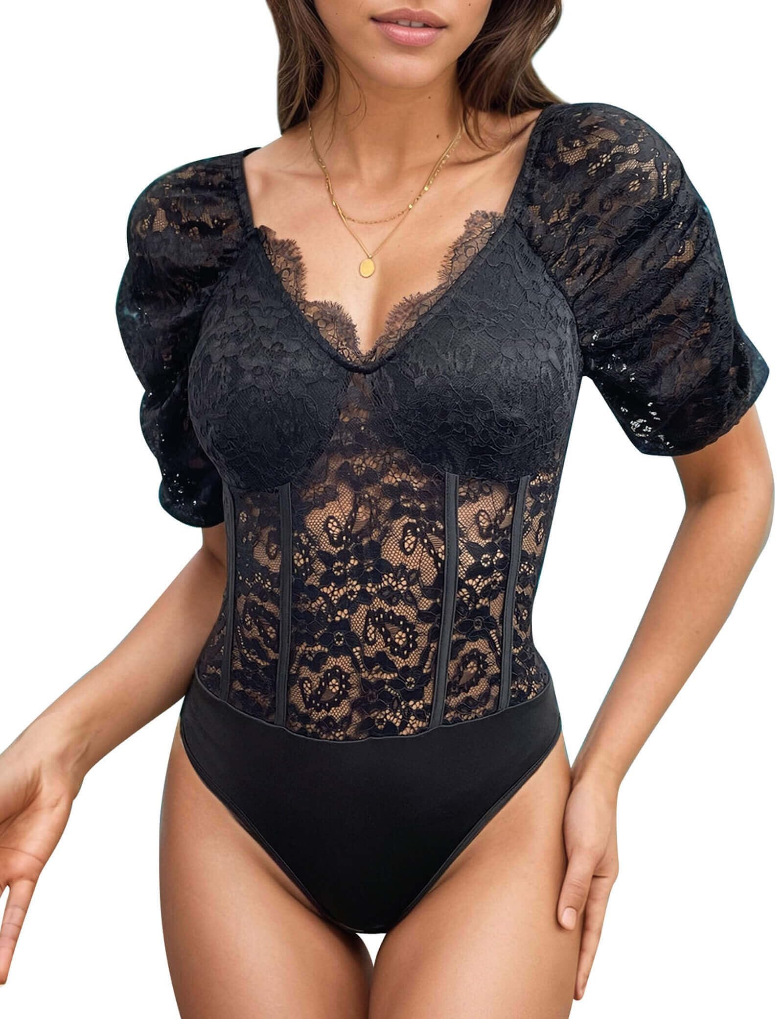 Everbellus Donna Pizzo Body Top Scollo a V Profondo Eleganti Manica Corta