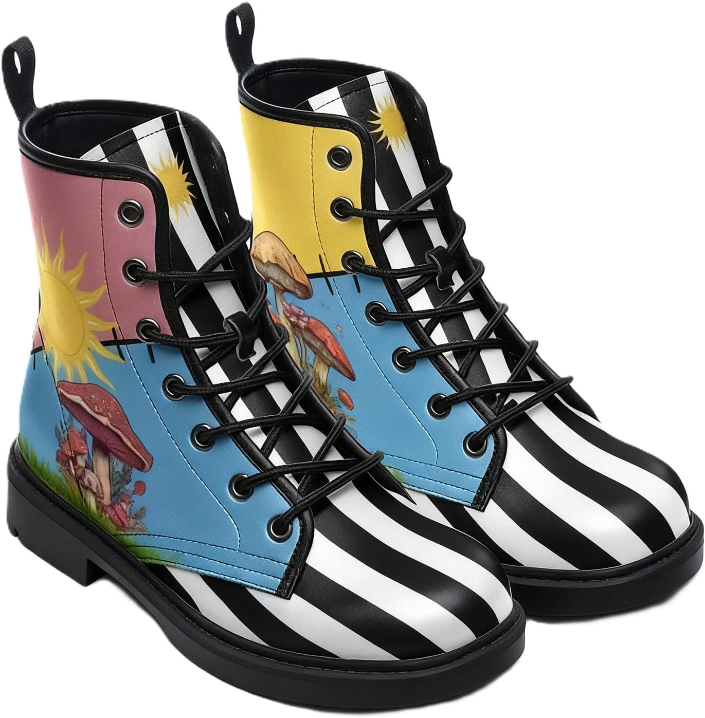 Women’s Printed Combat Boots with Mushroom Skull Butterfly Floral Booties in Dress Jeans Stylish Casual Print Shoes Lace-up Platform Ankle Boot for Travel Halloween Christmas Party(Customized), Sun