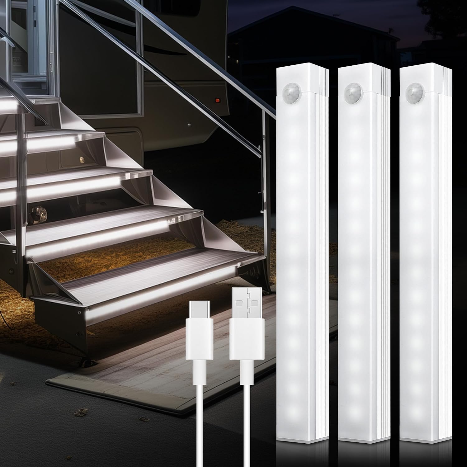 3 Pcs Rechargeable RV Step Lights, Magnetic Motion Sensor Travel Trailer Steps Light, LED Outside Night Lighting RV Camping Accessories for Trailers, Motorthome, Camper