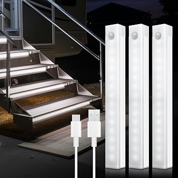 3 Pcs Rechargeable RV Step Lights, Magnetic Motion Sensor Travel Trailer Steps Light, LED Outside Night Lighting RV Camping Accessories for Trailers, Motorthome, Camper