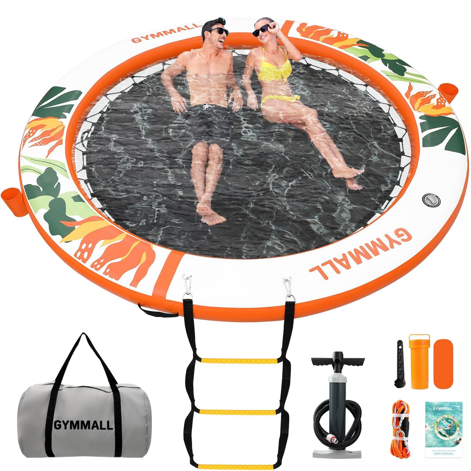 Inflatable Water Hammock Floating Dock 8 FT with Mesh, Tanning Pool Raft Round Ring for Adults, Float Platform for Lake and Beach with Water Ladder and Cup Holder
